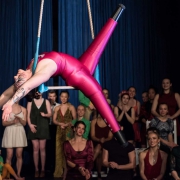 photo of Erin Ball, double leg amputee, performing at NECCA's Flying Nut Christmas show